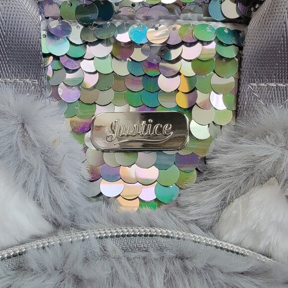 Justice Husky Mini Backpack Silver Sequin Plush Pom Pom Double Handle Gift Dog - Picture 4 of 9